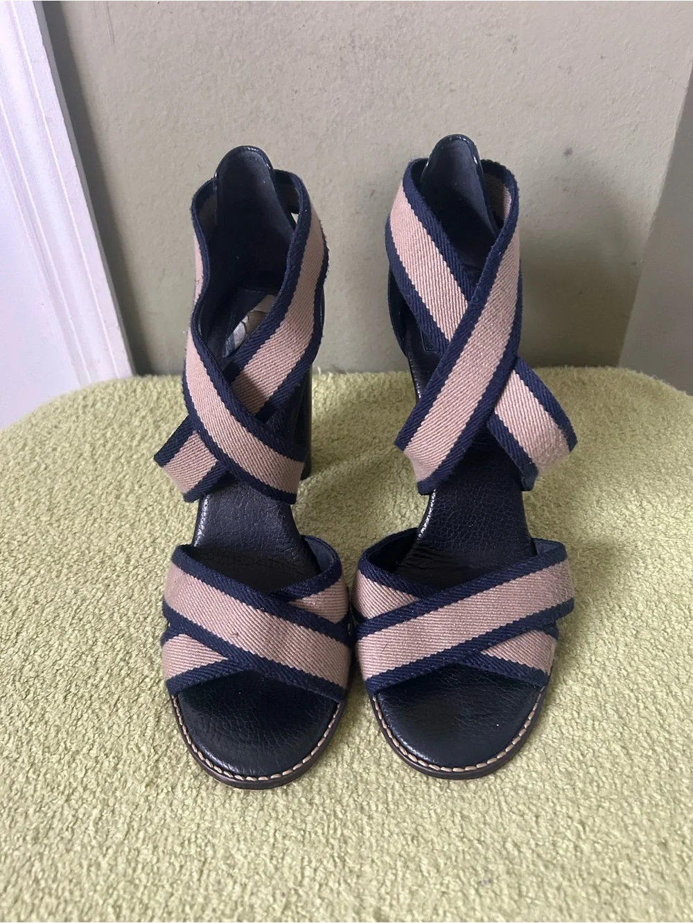 Tory Burch Navy and Beige Striped Block Heel Sandal